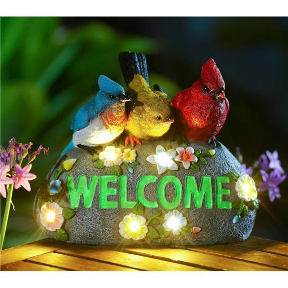 Solar Birds Welcome Sign - Outdoor Bird Decor with Solar LED Lights - Elegant